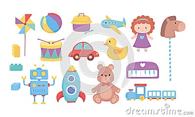 Kids toys bear doll horse car train drum robot rocket ball plane icons cartoon Vector Illustration