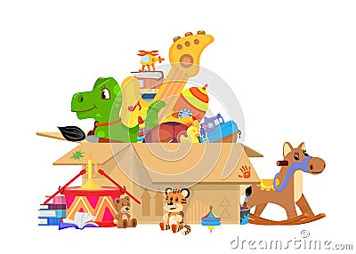 Kids toys box. Toy donates, giant cardboard packing with plastic car, books and doll. Children donation, charity or Vector Illustration