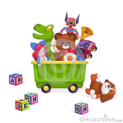 Kids toys box. Toy kid child play game bear pyramid ball train yacht horse doll duck boat plane car rabbit Vector Illustration