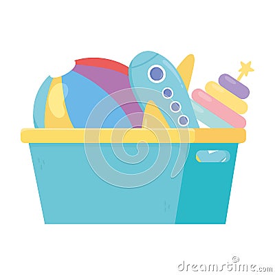 Kids toys bucket with plane ball and pyramid isolated icon design white background Vector Illustration