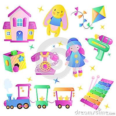 Kids toys cartoon style illustration. Multicolor cute toys for baby boy and girl. Gift shop design elements Vector Illustration