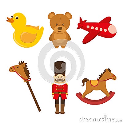 Kids toys collection soldier teddy airplane duck rockinghorse Vector Illustration