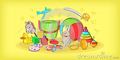 Kids toys horizontal banner, cartoon style Vector Illustration