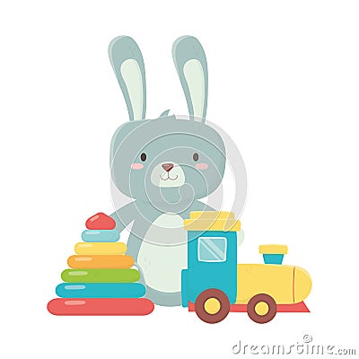 Kids toys little bunny train and pyramid object amusing cartoon Vector Illustration