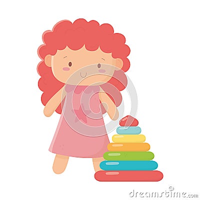 Kids toys little doll and pyramid object amusing cartoon Vector Illustration