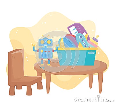 Kids toys object amusing cartoon table chair with robot plane piano and ball Vector Illustration