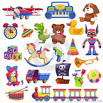 Kids toys set. Toy kid child preschool house baby game ball train yacht horse doll duck boat plane bear car pyramid Vector Illustration