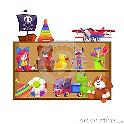 Kids toys shelves. Toy kid shop wood shelf doll bear baby game plane colorful pyramid piano rattle car rabbit duck flat Vector Illustration