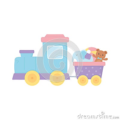 Kids toys train wagon bear elephant ball icon design white background Vector Illustration