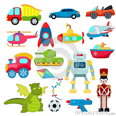 Kids toys vector cartoon games helicopter or ship submarine for children and playing with car or train illustration Vector Illustration