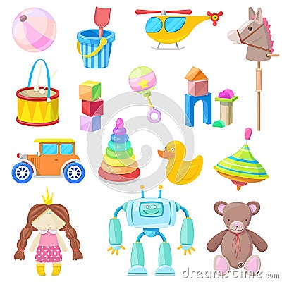 Kids toys vector icons set. Color toy for baby boy and girl, cartoon illustration Vector Illustration