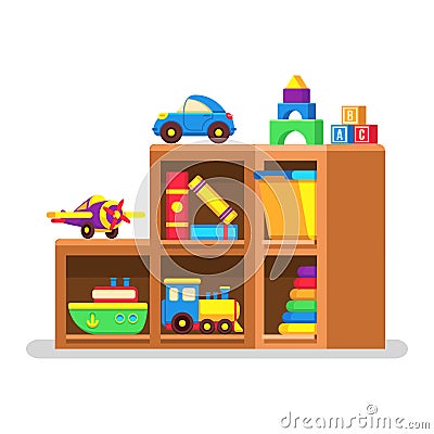 Kids toys on wood rack Vector Illustration