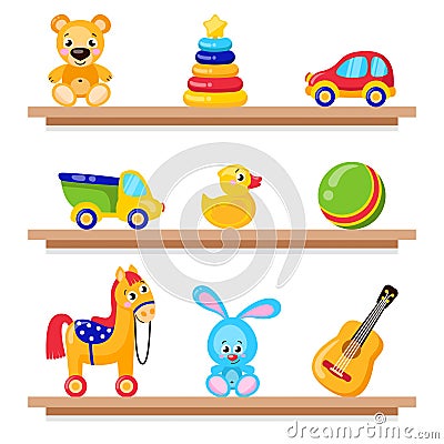 Kids toys on wood shop shelves. Including horse, teddy bear, ball, cubes toys Vector Illustration