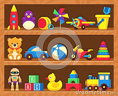 Kids toys on wood shop shelves Vector Illustration