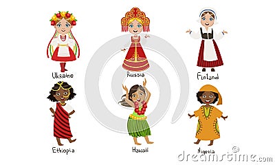 Kids in Traditional Costumes Set, Ukraine, Russia, Finland, Ethiopia, Hawaii, Nigeria Vector Illustration Vector Illustration