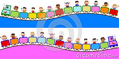 Kids on Train Borders Vector Illustration