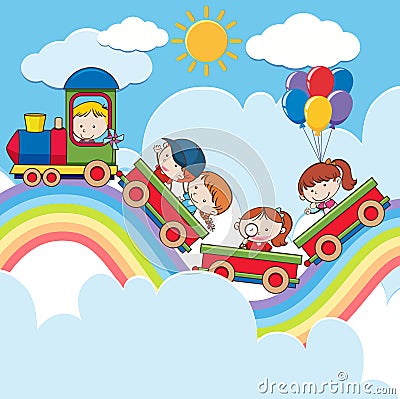 Kids on Train on Rainbow Road Vector Illustration
