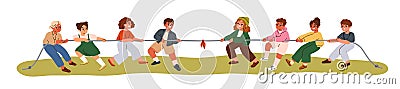Kids in tug of war game. Childrens teams pulling rope in outdoor contest. Happy strong boys and girls playing tugofwar Vector Illustration