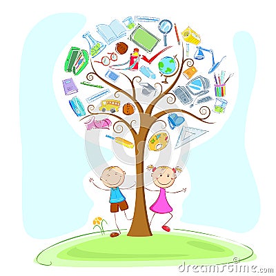 Kids under Wisdom Tree Vector Illustration