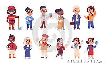 Kids in uniform. Cartoon cheerful children in costumes of different occupations. Choice of profession. Young characters Stock Photo