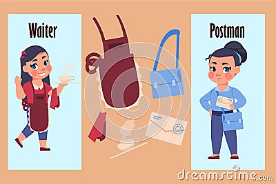 Kids in uniform. Waiter and postman profession. Career in postal office or restaurant. Girls with work tools Vector Illustration