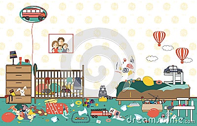 Kids untidy and messy room. Child scattered toys and clothing. Room where two little boys live. Mess in the house Vector Illustration