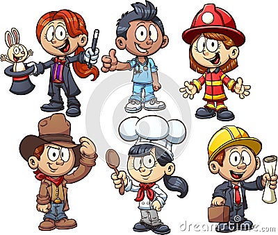 Kids using costumes from different occupations Vector Illustration