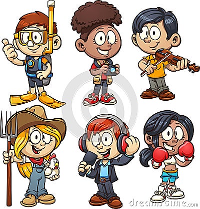 Kids using costumes for different occupations Vector Illustration