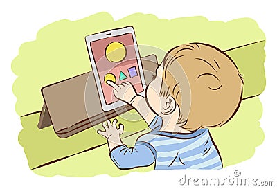 Kids using digital tablet for playing game. Vector Illustration