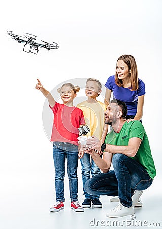 Kids using flying hexacopter drone Stock Photo