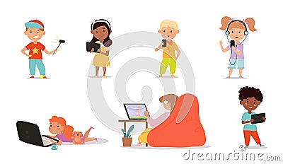 Kids using gadgets Vector Illustration