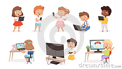 Kids using gadgets. Tablet pc smartphone laptop for children education processes future technology distance learning Vector Illustration