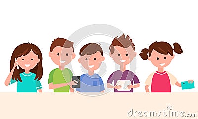 Kids Using Their Gadgets. Children and Technology Concept Illustration Vector Illustration