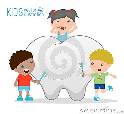 Kids Using a Toothbrush to Clean a Giant Tooth, Illustration of Kids Brushing a Tooth, Illustration of kids Brushing Their Teeth Vector Illustration