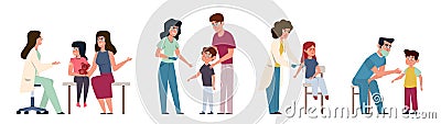 Kids vaccination. Childrens vaccinating medical immunization, pediatric doctor in hospital doing helpful injection Vector Illustration