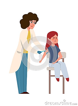 Kids vaccination. Doctor in medical uniform and child girl, children clinic, preventing infections and building immunity Vector Illustration