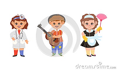 Kids of various professions set. Otolaryngologist doctor, musician and maid cartoon vector illustration Vector Illustration