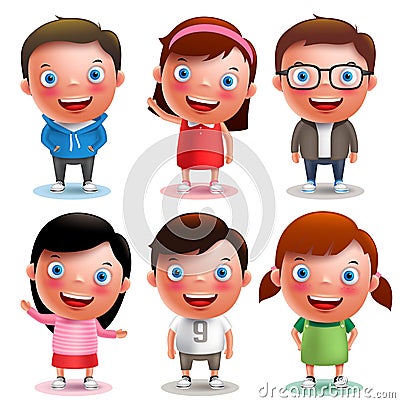 Kids vector characters boys and girls set with happy smile and different outfits Vector Illustration