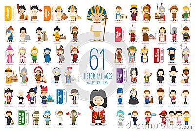 Kids Vector Characters Collection: Set of 61 Historical Ages and Civilizations in cartoon style. Vector Illustration