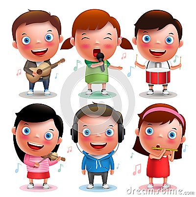 Kids vector characters playing musical instruments like guitar, violin, drums, flute Vector Illustration