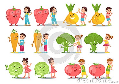 Kids with vegetables. Healthy nutrition. Natural food. Happy or sad children. Big product characters. Pepper and onion Vector Illustration