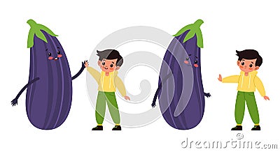 Kids with vegetables. Small children and big eggplants. Happy and unhappy boy with healthy food. Dairy vegetarian Vector Illustration