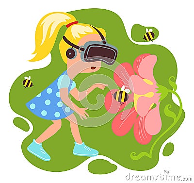 Kids virtual reality. Happy girl with VR glasses. Innovation augmented technology. Futuristic travel and study Vector Illustration