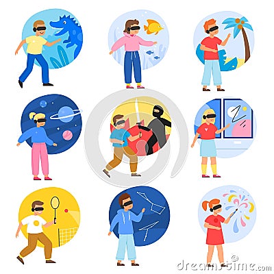 Kids virtual reality. Happy teenagers gamers in VR glasses play computer video games, full presence feeling, digital entertainment Vector Illustration