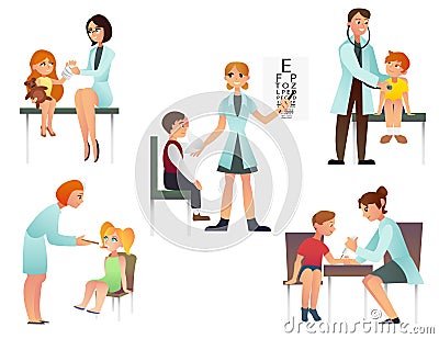 Kids visit a doctor cartoon flat vector illustration. Pediatrician and examine a patient. on white background Vector Illustration