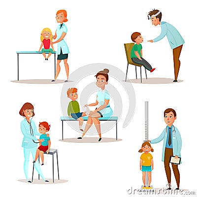 Kids Visit A Doctor Icon Set Vector Illustration