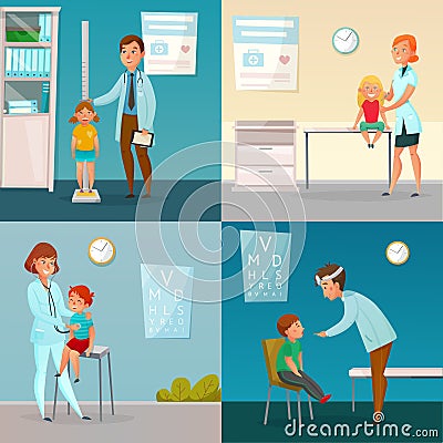 Kids Visit Doctors Cartoon Compositions Vector Illustration