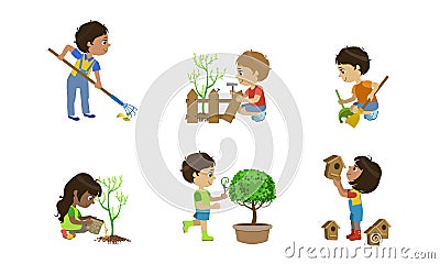 Kids Volunteers Set, Cute Children Working in Garden, Planting Trees, Trimming Bushes Vector Illustration Vector Illustration