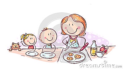 Kids are waiting for pancakes mother is cooking, doodle drawing Vector Illustration