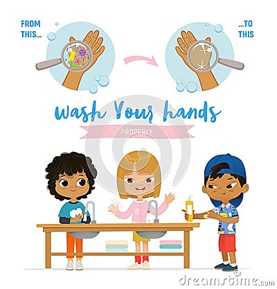 Kids wash hands infographics poster template vector illustration. Viral infection disease prevention Vector Illustration